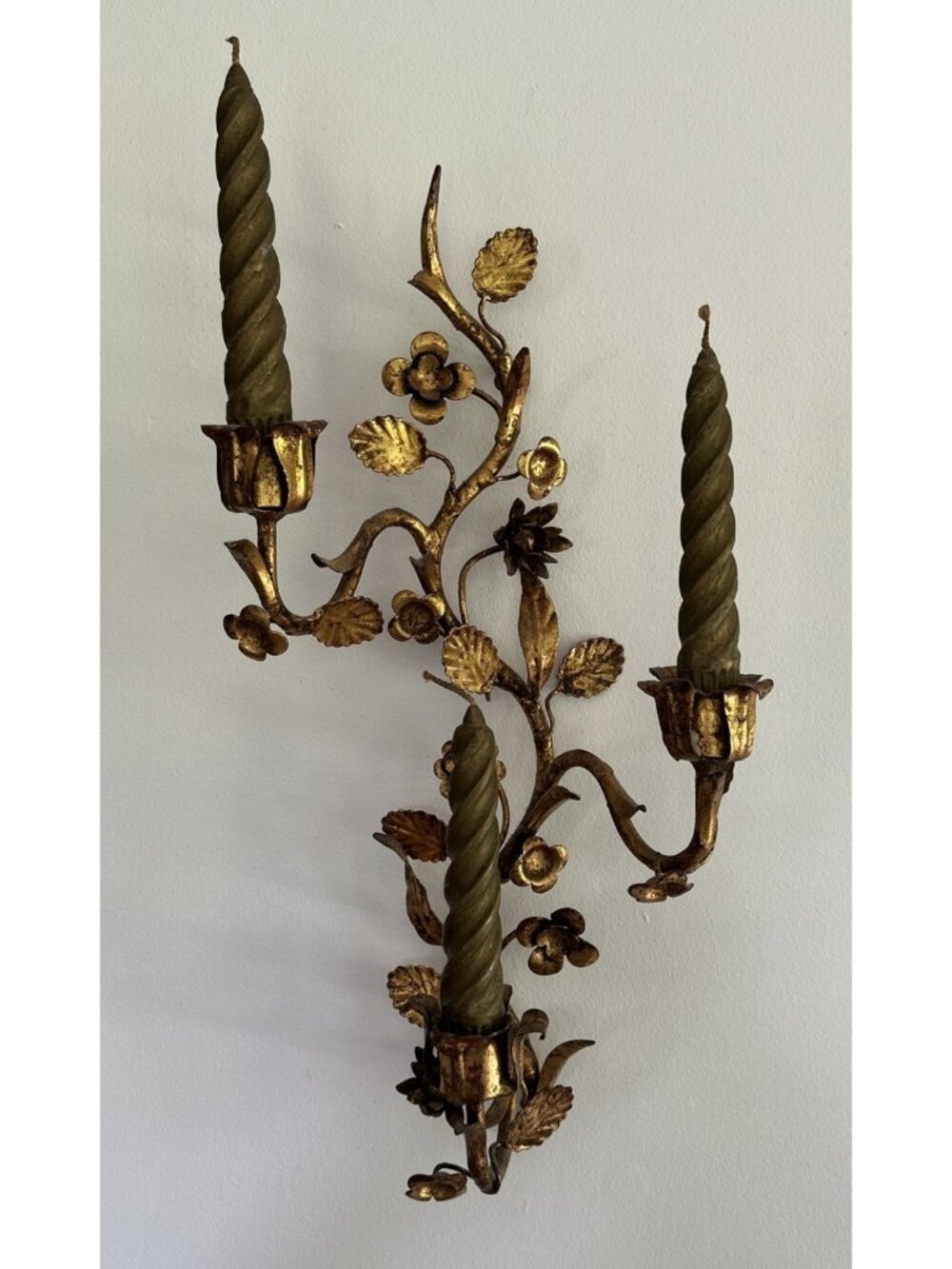 Vintage Tole Florentine Italy Gilt Triple Arm Wall Candle Holder Sconce MCM